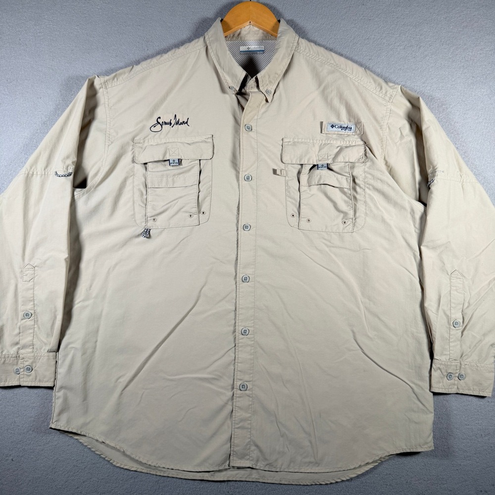 Columbia PFG Bahama Mens LS Fishing Shirt XL Tan Scrub Island C1501MP